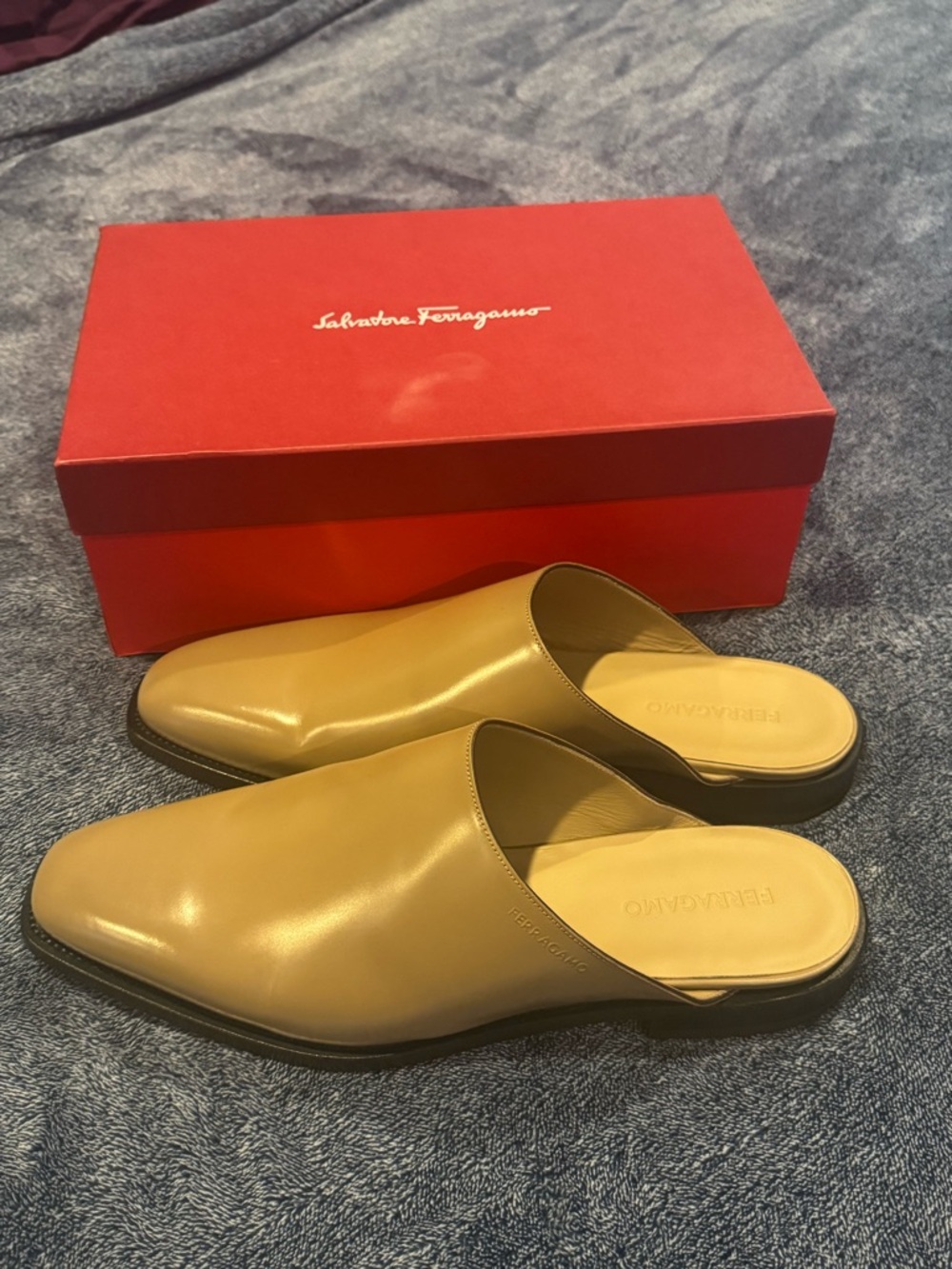BRAND NEW Salvatore Ferragamo Men’s Tan Leather Slip-On Mule Loafers size 13